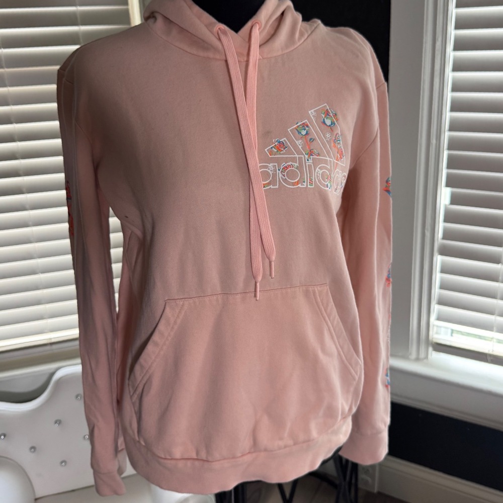 Adidas Womens Floral Rose Logo Pullover Hoodie Peach Pink Sweatshirt